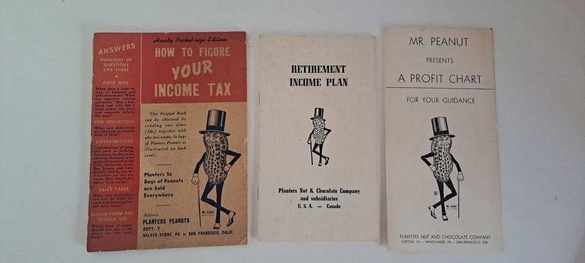 (3) Planters Peanuts booklets: 3 different booklets from Planters, with Mr. Peanut. How to figure your income tax, Retirement Income Plan, Profit Chart. All show minor wear. Please see our shipping policy for options.