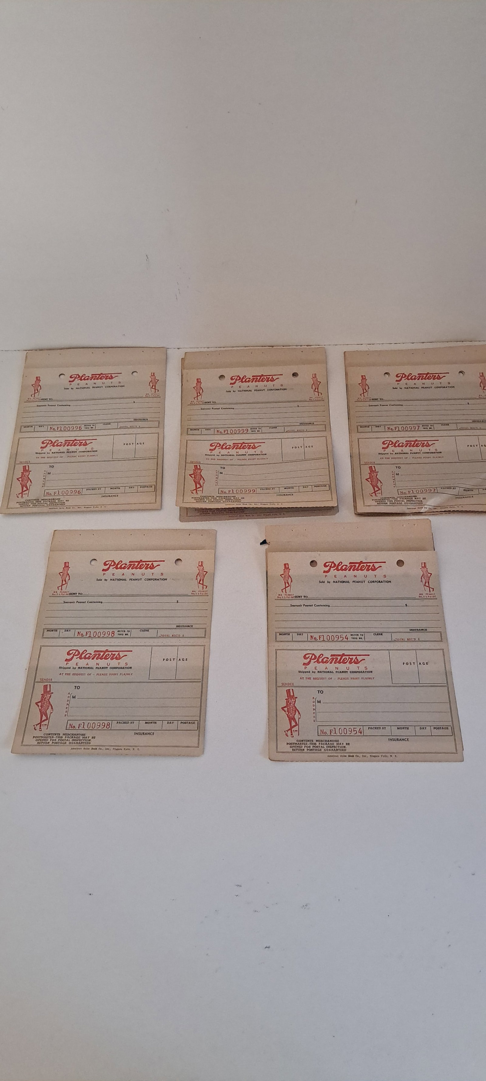 (5) Planters Peanuts receipts: Lot of 5 early, Planters peanuts, 3 part, carbon copy receipts with shipping labels. All unused, minor storage wear. Each approx. 5.5" x 7.75". Please see our shipping policy for options.