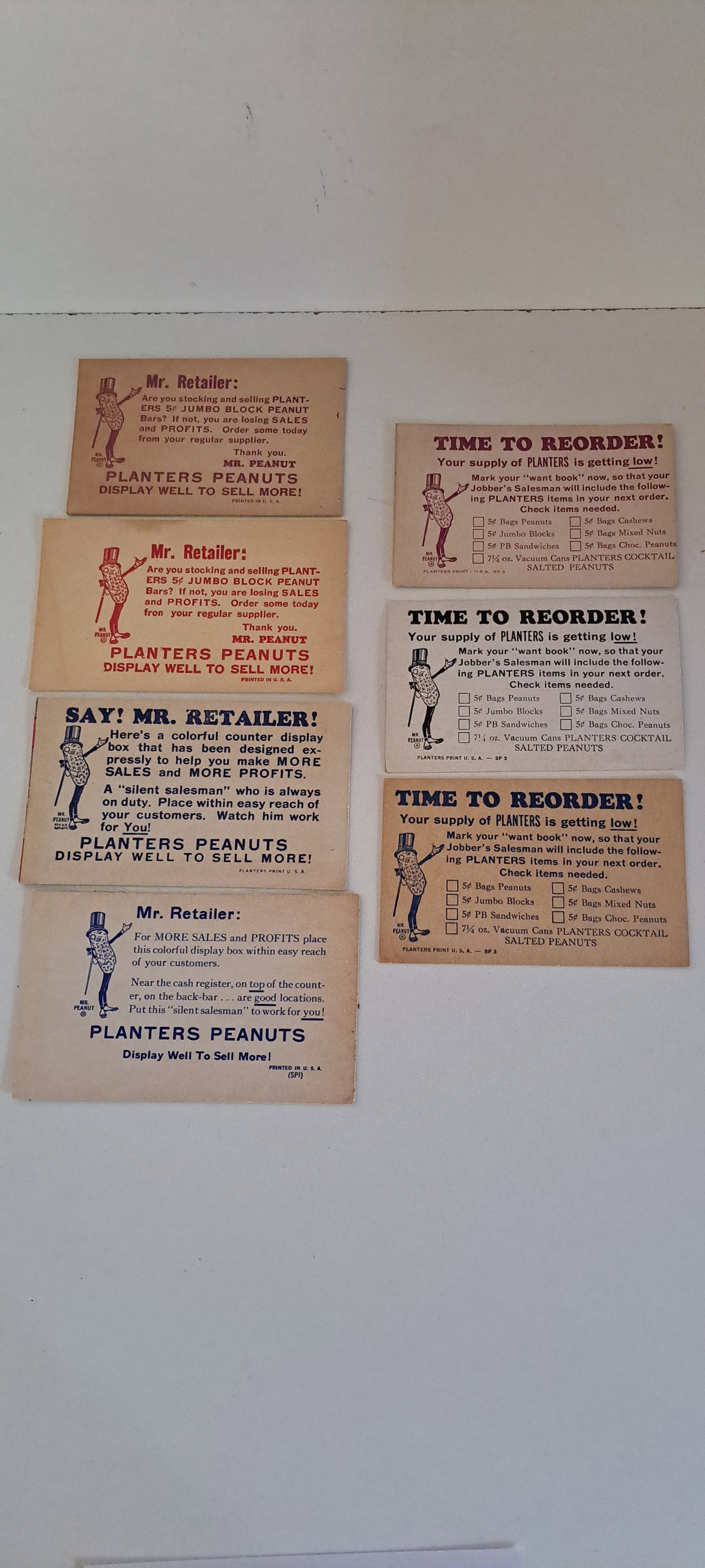 Mr. Peanut reorder cards: Lot consisting of: 3- reorder cards, 4- Mr. retailer cards. All made of cardstock. All in good condition. Please see our shipping policy for options.