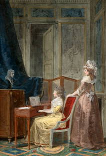 JEAN-BAPTISTE MALLET, (FRENCH 1759-1835), LA LECON D: JEAN-BAPTISTE MALLET (FRENCH 1759-1835) LA LECON DE MUSIQUE Watercolor heightened with white 11 5/8 x 7 7/8 in. (29.5 x 20cm) (sight size) and a companion, SCENE D'INTERIEUR a pair (2) PROVENANCE: