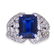 A platinum, diamond, and blue stone ring