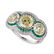 A colored diamond, diamond, emerald, and platinum ring