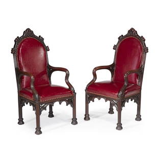 Rare pair of Herrick-Maynard-Hatch Gothic Revival: Rare pair of Herrick-Maynard-Hatch Gothic Revival carved oak dining arm chairs. Designed by Alexander Jackson Davis (1803-1892), New York, Mady by Burns and Brother, New York, for Ericstan, Tarrytown,