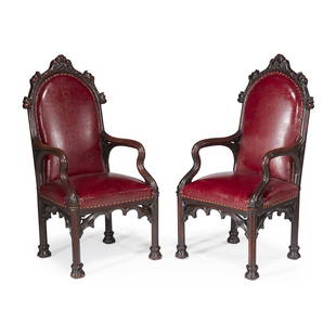 Rare pair of Herrick-Maynard-Hatch Gothic Revival: Rare pair of Herrick-Maynard-Hatch Gothic Revival carved oak dining arm chairs. Designed by Alexander Jackson Davis (1803-1892), New York, Mady by Burns and Brother, New York, for Ericstan, Tarrytown,