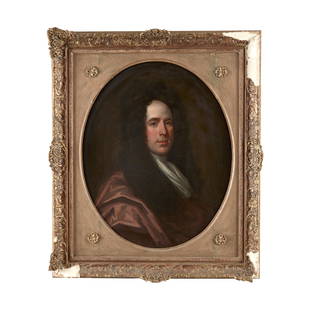 Attributed to William Aikman (Scottish, 1682-1731), ,: Attributed to William Aikman (Scottish, 1682-1731)Portrait of a Gentleman, Bust-LengthOil on canvas, framed in the oval (with 'Hay & Lyall, 2 Market Street, Aberdeen' stretcher label)30 3/8 x 24 1/2 i