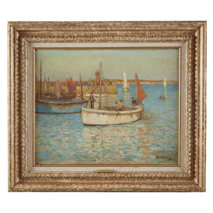 Terrick Williams (British, 1860-1936), , Harbor: Terrick Williams (British, 1860-1936)Harbor EntranceSigned 'Terrick Williams' bottom right, also indistinctly titled 'Entrance to St. ***' verso, oil on panel16 x 20 in. (40.6 x 50.8cm)PROVENANCE:Priv