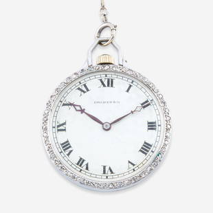 A platinum and diamond pocket watch, retailed by: A platinum and diamond pocket watch, retailed by Dreicer & Co.Swiss, c. 1920's18 jewel Frankfeld Freres movement number 2282, case number 3511, white enamel dial with open diamond hands, Roman numeral