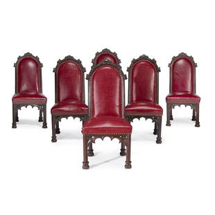 A rare set of six Herrick-Maynard-Hatch Gothic Revival: A rare set of six Herrick-Maynard-Hatch Gothic Revival carved oak dining chairsDesigned by Alexander Jackson Davis (1803-1892), New York, Mady by Burns and Brother, New York, for Ericstan, Tarrytown,