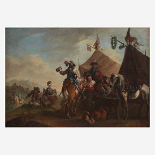 After Philips Wouwerman (Dutch, 1619–1668) | An 18th: After Philips Wouwerman (Dutch, 1619–1668) | An 18th Century Work Encampment of Riders Oil on canvas 15 x 21 1/4 in. (38.1 x 54cm) PROVENANCE: Private Collection, South Carolina. NOTE: The present w