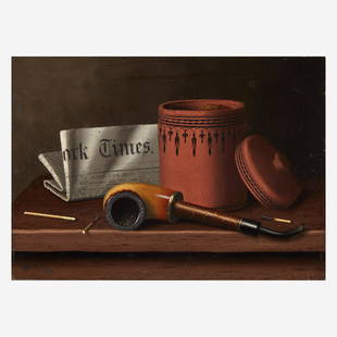 William Michael Harnett (American, 1848–1892): William Michael Harnett (American, 1848–1892) Still Life with New York Times, Tobacco Jar, Pipe and Matches Signed with Artist's initialed monogram and dated 'Wm HARNETT./1879.' bottom left, oil on