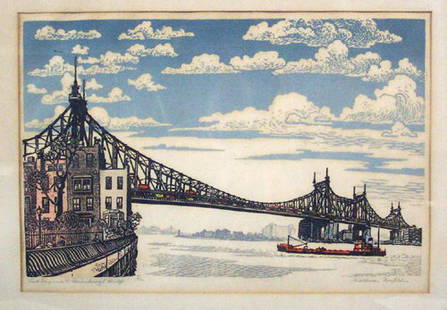 WOLDEMAR NEUFELD (Russian/American 1909-: WOLDEMAR NEUFELD (Russian/American 1909-2002) EAST RIVER UNDER THE QUEENSBOROUGH BRIDGE Pencil signed, titled and numbered 12/50 in margin, color linocut. 15 3/8 x 24 in.