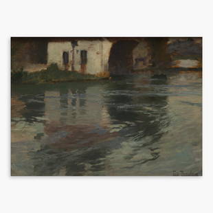 Frits Thaulow (Norwegian, 1847–1906) The: "Frits Thaulow (Norwegian, 1847–1906) The Boathouse Signed 'Frits Thaulow' bottom right; also titled and inscribed in red marker 'P12 Boathouse/ Frits Thaulow/ Norwegian' verso, oil on panel9 1/