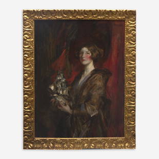James Jebusa Shannon (British, 1862–1923) Kitty: "James Jebusa Shannon (British, 1862–1923) Kitty and the Silver Ship Oil on canvas45 3/8 x 34 5/8 in. (115.2 x 87.9cm)Executed circa 1909.In an original 17th Century Italian carved giltwood fra