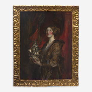 James Jebusa Shannon (British, 1862–1923) Kitty: "James Jebusa Shannon (British, 1862â€“1923) Kitty and the Silver Ship Oil on canvas45 3/8 x 34 5/8 in. (115.2 x 87.9cm)Executed circa 1909.In an original 17th Century Italian carved giltwood fra