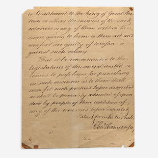 [Americana] [American Revolution] Thomson, Charles Manuscript Document, signed: [Americana] [American Revolution] Thomson, Charles Manuscript Document, signed A week before adopting the Declaration of Independence, the Continental Congress defines treason(Philadelphia, ca. June