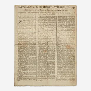 [Americana] [First Continental Congress] (Jay, John, and John Dickinson) Supplement to the Edinburgh: [Americana] [First Continental Congress] (Jay, John, and John Dickinson) Supplement to the Edinburgh Advertiser First Scottish printing of John Jay's Address to the People of Great Britain, one of