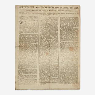 [Americana] [First Continental Congress] (Jay, John, and John Dickinson) Supplement to the Edinburgh: [Americana] [First Continental Congress] (Jay, John, and John Dickinson) Supplement to the Edinburgh Advertiser First Scottish printing of John Jay's Address to the People of Great Britain, one of