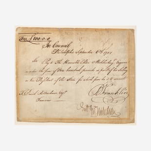 [Americana] Franklin, Benjamin Manuscript Document, signed: [Americana] Franklin, Benjamin Manuscript Document, signed September 6, 1788. Manuscript document, signed by Benjamin Franklin, as President of the Supreme Executive Council of the Commonwealth of