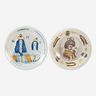 Two English Delftware dishes commemorating William & Mary London, circa 1690: Two English Delftware dishes commemorating William & Mary London, circa 1690 Both polychrome-decorated, the first, depicting King William III and Queen Mary II crowned, initialed "W M R," the second,