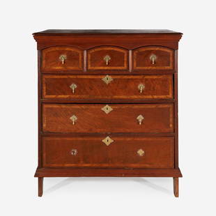 A William & Mary inlaid walnut chest of drawers Delaware Valley, PA, circa 1725: A William & Mary inlaid walnut chest of drawers Delaware Valley, PA, circa 1725 Molded top, paneled sides, with side-hung drawers. (H: 37 1/2 in. W: 41 1/2 in. D: 22 in.) ProvenanceA Greenville,