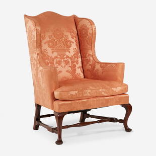 A Queen Anne upholstered mahogany and maple easy chair Boston, MA, circa 1760: A Queen Anne upholstered mahogany and maple easy chair Boston, MA, circa 1760 With scrolled crest and arms, raised on cabriole legs ending pad feet and joined by turned stretchers. (H: 46 in. W: 35