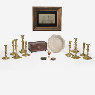 A collection of sixteen household and decorative objects 18th and 19th century: A collection of sixteen household and decorative objects 18th and 19th century Comprising a watercolor drawing of the USS Delaware, 19th century, Ã©glomisÃ© mat and gilt frame; a carved mahogany