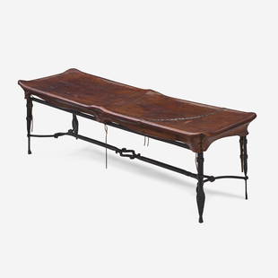 Sido and François Thevenin "Deu" Bench, Sawaya & Maroni, France/Italy, 1985: Sido and François Thevenin "Deu" Bench, Sawaya & Maroni, France/Italy, 1985 Wrought iron, leather, brassEngraved signature: "Sido et F. Thevenin pour Sawaya et Maroni"Branded monogram: "SFT"