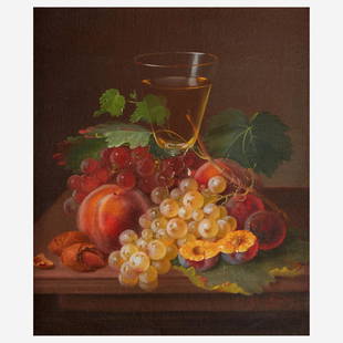 George Forster (American, 1817–1896) Still Life with Wine Glass, Grapes, Plums and Peaches: George Forster (American, 1817–1896) Still Life with Wine Glass, Grapes, Plums and Peaches Signed and dated 'G. Forster/1873.' bottom right, oil on canvas 14 x 12 in. (35.6 x 30.5cm) 