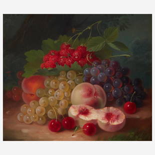 George Forster (American, 1817–1896) Still Life with Peaches, Strawberries, Grapes and: George Forster (American, 1817–1896) Still Life with Peaches, Strawberries, Grapes and Cherries in a Landscape Oil on canvas 10 1/2 x 12 1/4 in. (26.7 x 31.1cm) Executed circa late 1860s. 