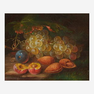 George Forster (American, 1817–1896) Still Life with Grapes, Plums, and Almonds in a Landscape: George Forster (American, 1817–1896) Still Life with Grapes, Plums, and Almonds in a Landscape Oil on canvas 8 x 10 in. (20.3 x 25.4cm) ProvenanceKaja Veilleux Antiques, Inc., Thomaston, sale