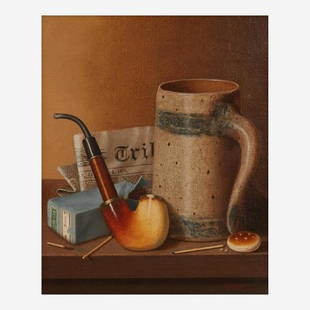 William Michael Harnett (American, 1848–1892) Still Life with New York Tribune, Beer Stein,: William Michael Harnett (American, 1848–1892) Still Life with New York Tribune, Beer Stein, Pipe and Tobacco Signed with Artist's initialed monogram and dated 'WMHarnett/1878' bottom right;