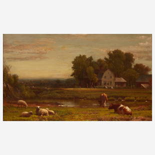 Aaron Draper Shattuck (American, 1832–1928) Peaceful Days, Granby Meadows: Aaron Draper Shattuck (American, 1832–1928) Peaceful Days, Granby Meadows Signed and dated 'A. D. Shattuck 1876' bottom left, oil on canvas 18 x 30 in. (45.7 x 76.2cm) Executed circa 1876. 