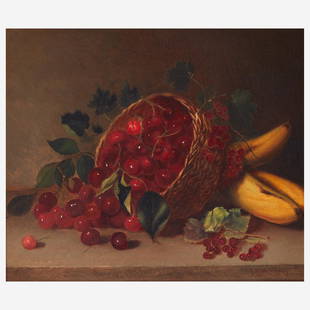 Andrew John Henry Way (American, 1826–1888) Still Life with Bananas and Cherries in an: Andrew John Henry Way (American, 1826–1888) Still Life with Bananas and Cherries in an Overturned Basket on Tabletop Signed 'A. J. H. Way.' bottom right; also with original preparer's label vers