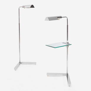 Casella Two Adjustable Chrome Floor Lamps, circa 1980: Casella Two Adjustable Chrome Floor Lamps, circa 1980 Chrome platedOne lamp with double-beveled tempered glass cantilever shelfwith Casella Lighting labels on underside of bases (H: 48 (maximum), W: 1