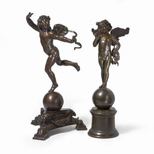 Frederick William MacMonnies (American, 1863–1937) Running Cupid and Standing Cupid (The Pair): Frederick William MacMonnies (American, 1863–1937) Running Cupid and Standing Cupid (The Pair) Running CupidSigned and dated 'F. M Monnies/1895' on the globe, at the rear; also with 'E. GRUET/JE