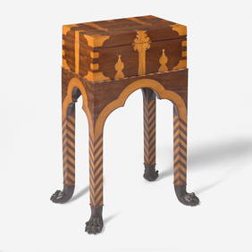 An Anglo-Indian inlaid mahogany, fruitwood, and ebony box-on-stand early 19th century (1 of 5)