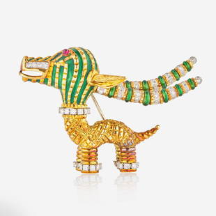 Tiffany & Co. Diamond, Ruby, and Enamel Antelope Brooch Aldo Cippulo for Tiffany c.1970: Tiffany & Co. Diamond, Ruby, and Enamel Antelope Brooch Aldo Cippulo for Tiffany c.1970 An 18K yellow gold brooch by Aldo Cippulo for Tiffany & Co. circa 1970, designed as a large-horned animal