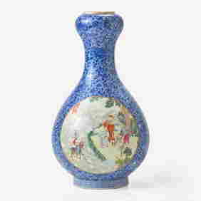 A finely-decorated Chinese yangcai and underglaze blue-decorated porcelain garlic-bulb mouth vase (1 of 5)