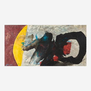 Chuang Che (American/Chinese, b. 1934) Day & Night 6: Chuang Che (American/Chinese, b. 1934) Day & Night 6 Signed bottom left, inscribed with signature, titled and dated 1971 verso, acrylic and collage on canvas. (17 x 33 1/2 in. (43.2 x 85.1cm)) Provena