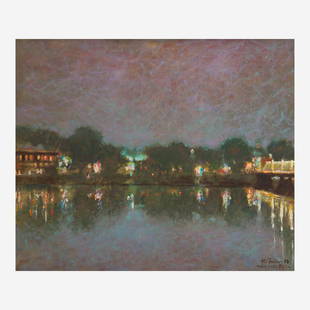 Anthony Michael Autorino (American, 1937–2015) New Hope Bridge at Night: Anthony Michael Autorino (American, 1937–2015) New Hope Bridge at Night Signed with conjoined letters, dated and located ‘AM Autorino 88/New Hope July’ bottom right; also dated and s