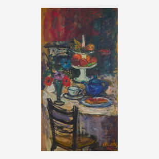 Arbit Blatas (Lithuanian, 1908-1999) Table Top Still Life: Arbit Blatas (Lithuanian, 1908-1999) Table Top Still Life Signed and dated 1959 bottom right, oil on panel. (47 x 25 1/4 in. (119.4 x 64.1cm)) ProvenancePrivate Collection, Florida. "W