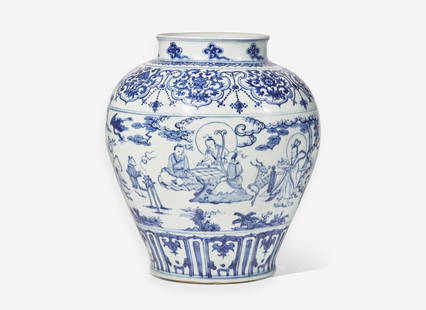 A Chinese blue and white porcelain "Windswept" jar 15th/16th century or later 青花ߟ: A Chinese blue and white porcelain "Windswept" jar 15th/16th century or later 青花人物罐 十五十六世紀或更晚 The ovoi