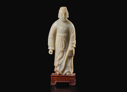 An unusual Chinese carved celadon jade figure of a man in long robes, possibly 18th century or earli: An unusual Chinese carved celadon jade figure of a man in long robes, possibly 18th century or earlier 玉雕人物 可能為十八世紀或