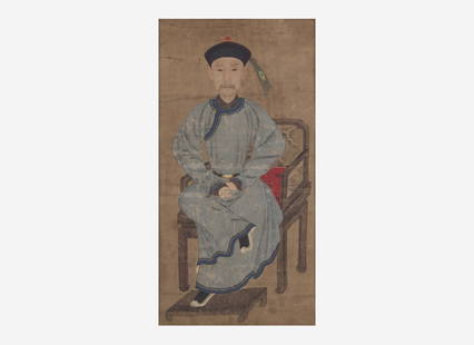 Chinese School, 19th century, Portrait of a Seated Official Holding a Snuff Bottle 文官&: Chinese School, 19th century, Portrait of a Seated Official Holding a Snuff Bottle 文官把玩鼻煙壺畫像 十九世紀 Ink and col