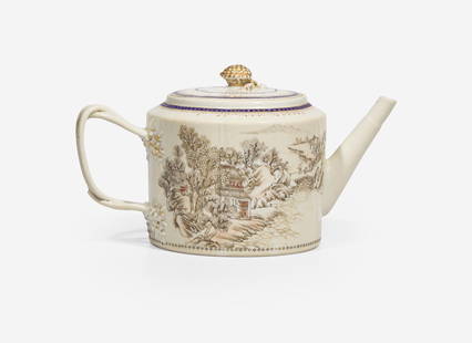 A Chinese export grisaille-decorated "Chinese Landscape" teapot, circa 1790-1810 墨彩: The drum-form teapot with berry finial to the molded flat cover; the sides decorated with extensive Chinese landscapes with figures and pavilions. H: 5 1/2 in.