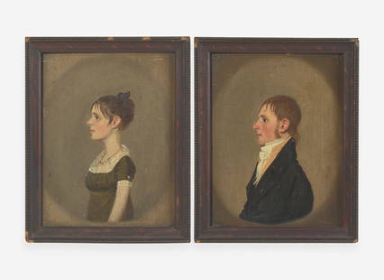 Attributed to Jacob Eichholtz (1776-1842), Two Small Portraits: A Young Lady and A Young Gentleman: Attributed to Jacob Eichholtz (1776-1842), Two Small Portraits: A Young Lady and A Young Gentleman Oil on panel, retain printed paper framers label for W.B. Staton, Germantown, framed. 8 7/8 in. x 6 7