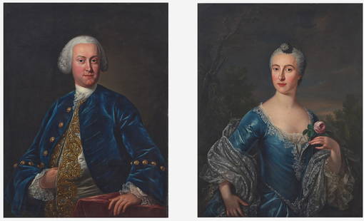 Attributed to John Singleton Copley (American, 1737-1815) - Pair of Portraits of Matthew Howard (172: Attributed to John Singleton Copley (American, 1737-1815) - Pair of Portraits of Matthew Howard (1724-1770) in a Blue Jacket and Louise Howard Née Ardesoif (1727-1789) Holding a Rose,