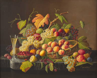 Severin Roesen (American, 1815-1872) - Still Life with Fruit and Champagne on a Marble Ledge: Severin Roesen (American, 1815-1872) - Still Life with Fruit and Champagne on a Marble LedgeSigned ‘Roesen’ bottom right, oil on canvas 37 1/8 x 44 in. (94.3 x 111.8cm) Executed circa