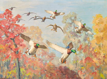 Richard Evett Bishop (American, 1887-1975) - Mallards in Flight: Richard Evett Bishop (American, 1887-1975) - Mallards in FlightSigned, copyrighted, and dated 'Richard Bishop © 58' bottom left; also inscribed ‘1 MALLARDS/58-6’ verso, oil on board