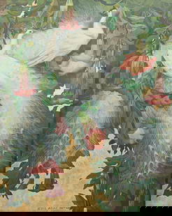 Jessie Arms Botke (American, 1883-1971) - White Peacocks and Datura: Jessie Arms Botke (American, 1883-1971) - White Peacocks and DaturaSigned 'JESSIE ARMS BOTKE' bottom center; also titled and signed verso, oil with gold leaf on board 31 ½ x 25 ½ in. (78.7